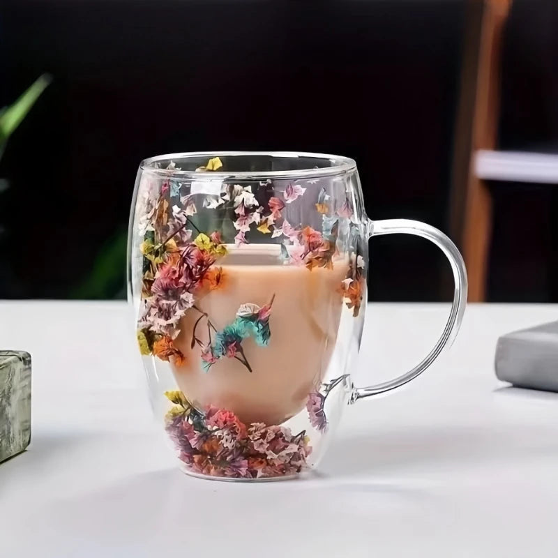 Double-Layer Borosilicate Glass Cup - Floral Petal Coffee Mug