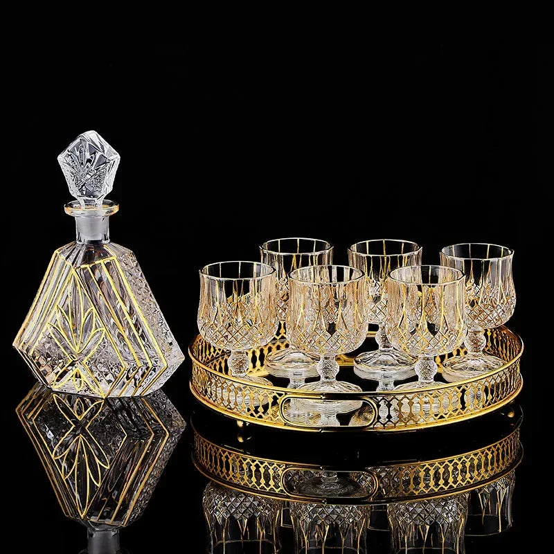 European Crystal Liquor Bottle and Glass Set