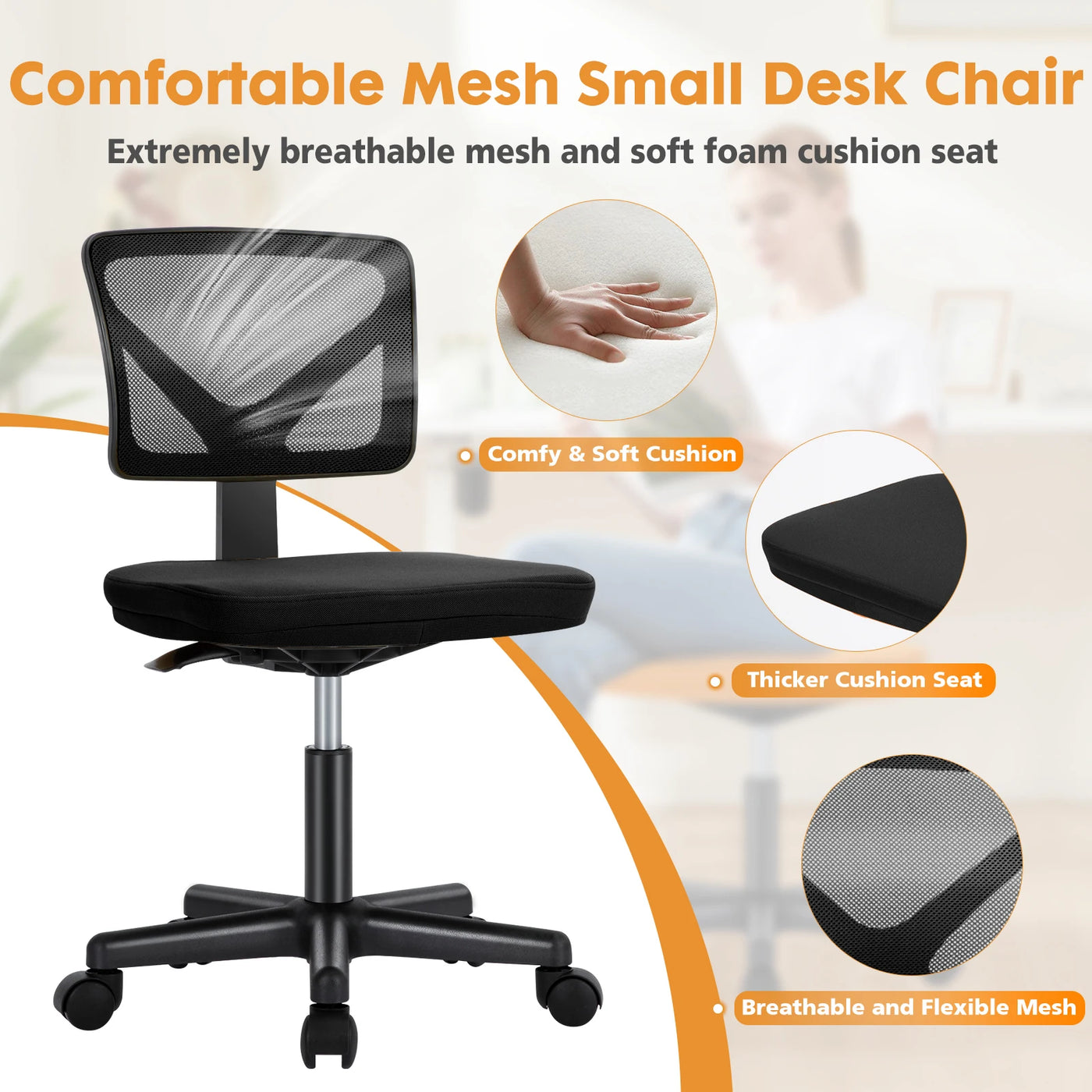 Armless Mesh Office Chair - Low-Back Swivel Seat with Lumbar Support