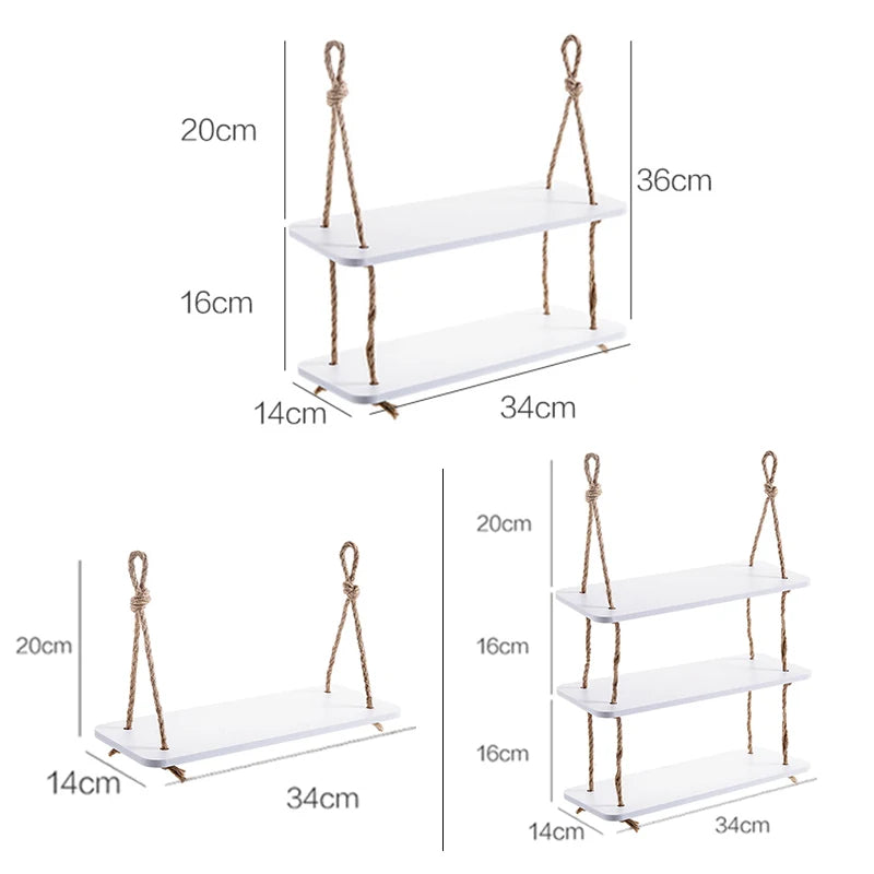 Rustic Wooden Wall Shelf Rack - Hook Mounted Storage Organizer