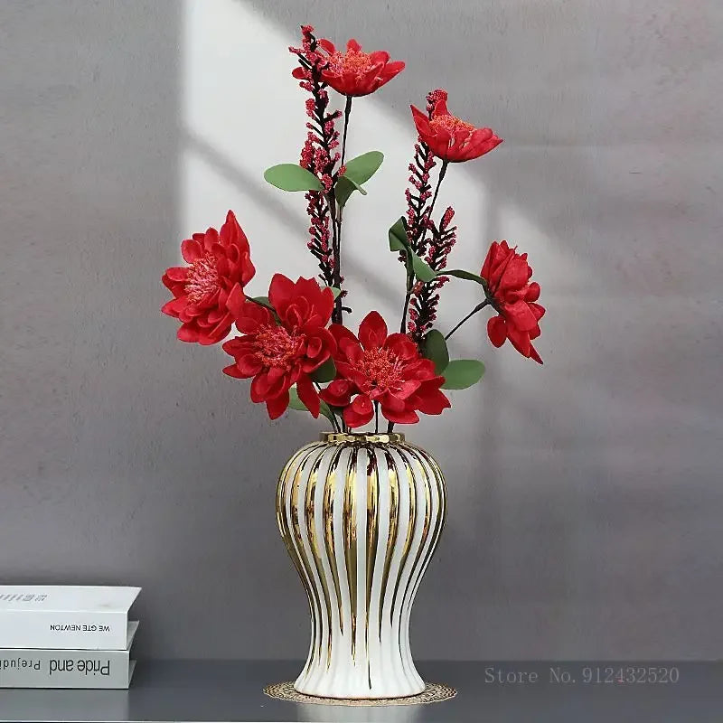 White Ceramic Vase with Gold Edge - Luxe Tabletop Flower Accent