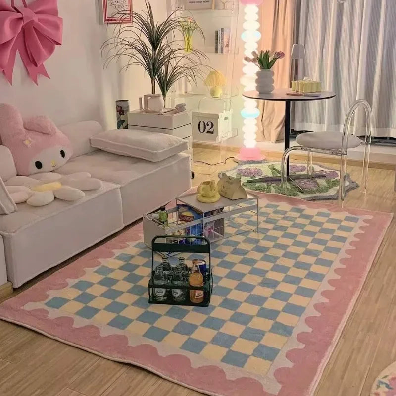 Retro Checkerboard Plush Area Rug - Soft Bedroom and Lounge Carpet