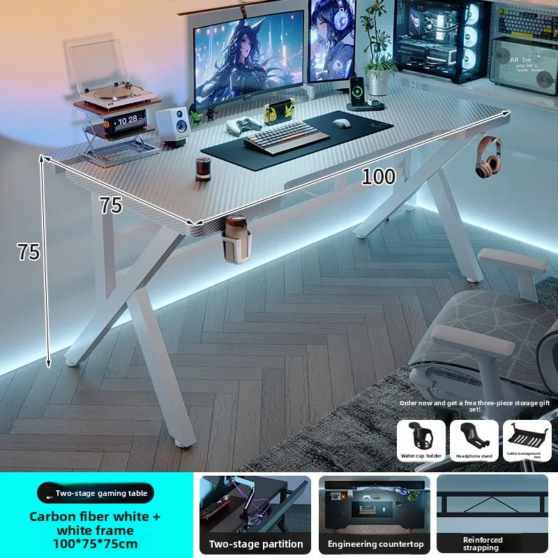 Gaming Desk with Monitor Stand - Carbon Fiber Textured Computer Table