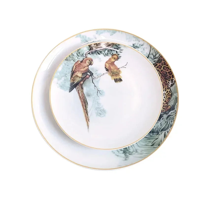European Jungle Dinnerware Set - Ceramic Steak Plate and Coffee Cup Collection