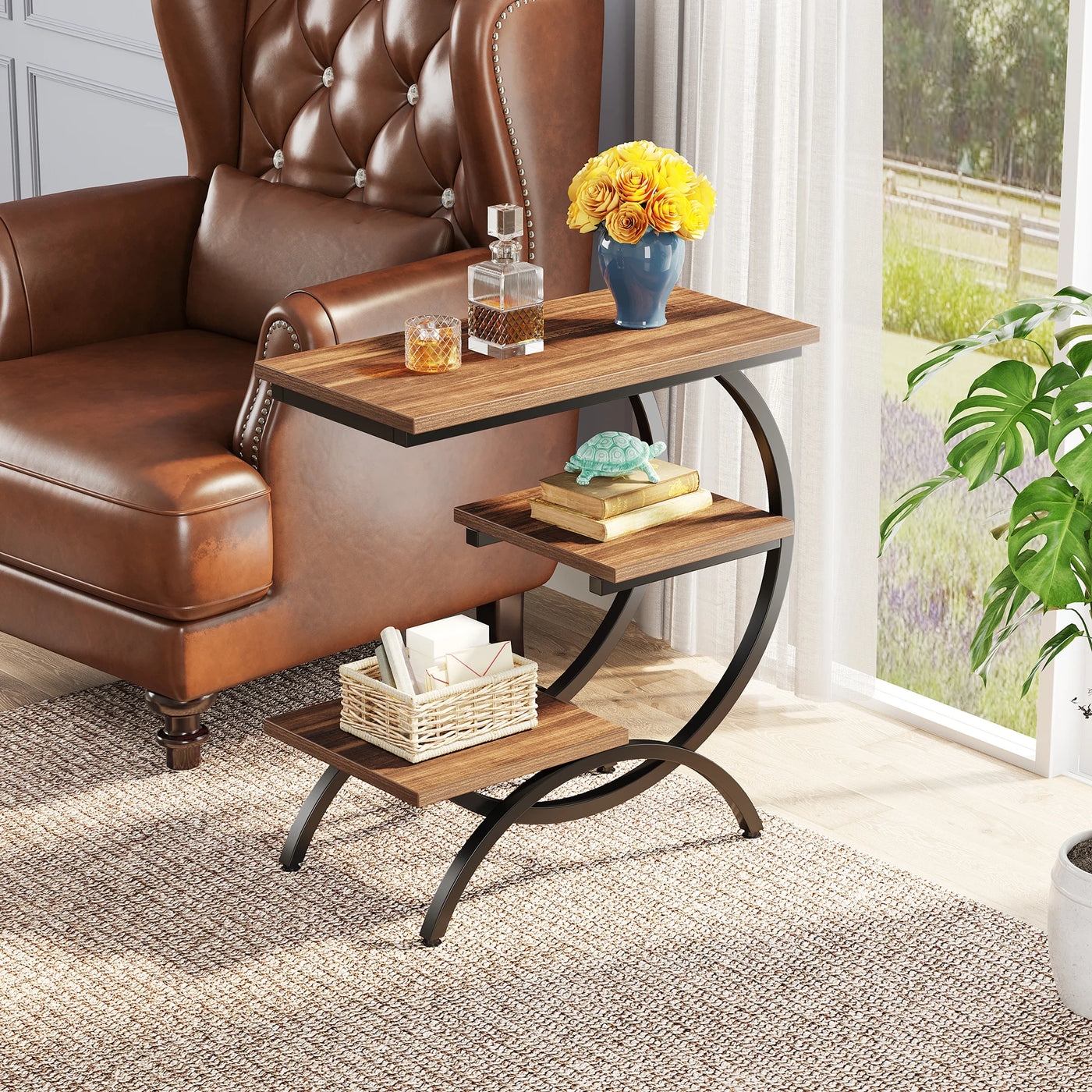 C-Shaped End Table - Industrial Three-Tier Storage Side Table