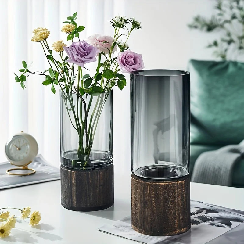 Elegant Glass Vase with Wooden Base - Modern Hydroponic Display