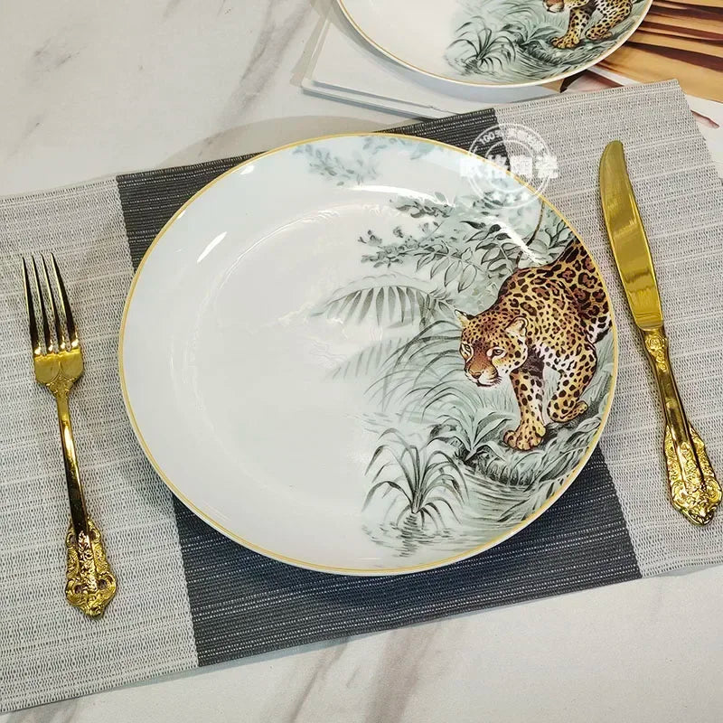 European Jungle Dinnerware Set - Ceramic Steak Plate and Coffee Cup Collection