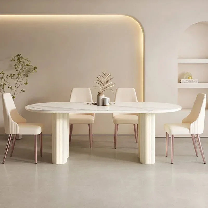 Cream White Oval Sintered Stone Dining Table Set - Modern 6-Chair Set