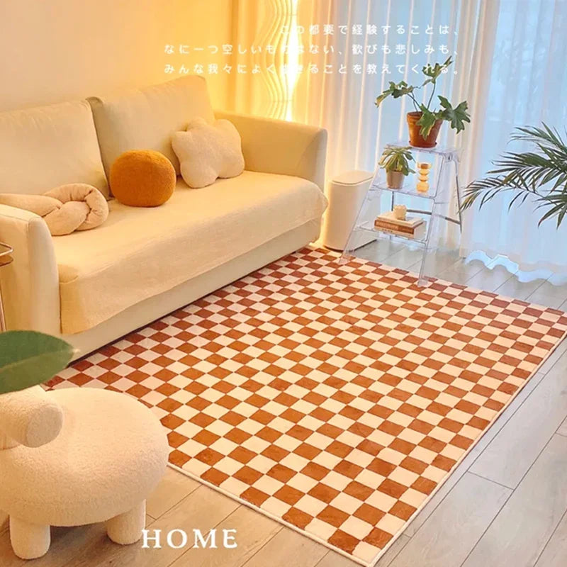 Retro Checkerboard Plush Area Rug - Soft Bedroom and Lounge Carpet
