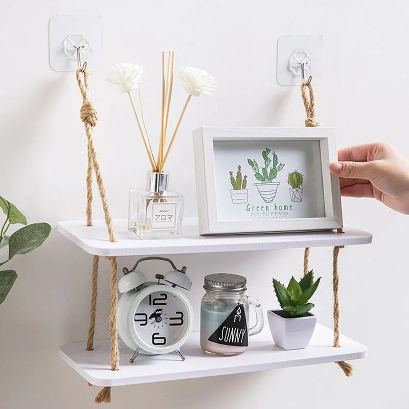 Rustic Wooden Wall Shelf Rack - Hook Mounted Storage Organizer