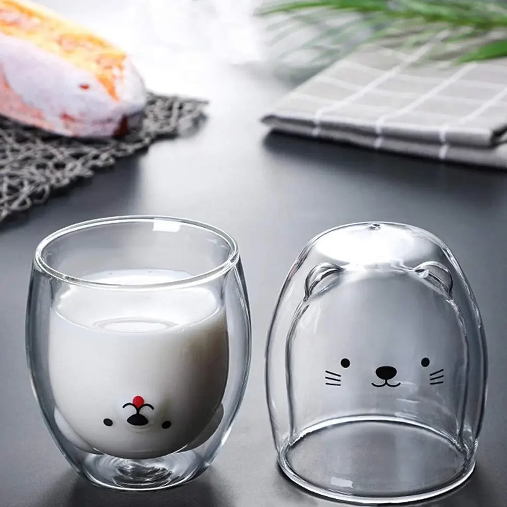 Double-Walled Animal Glass Mug - 250ml Cute Coffee Cup