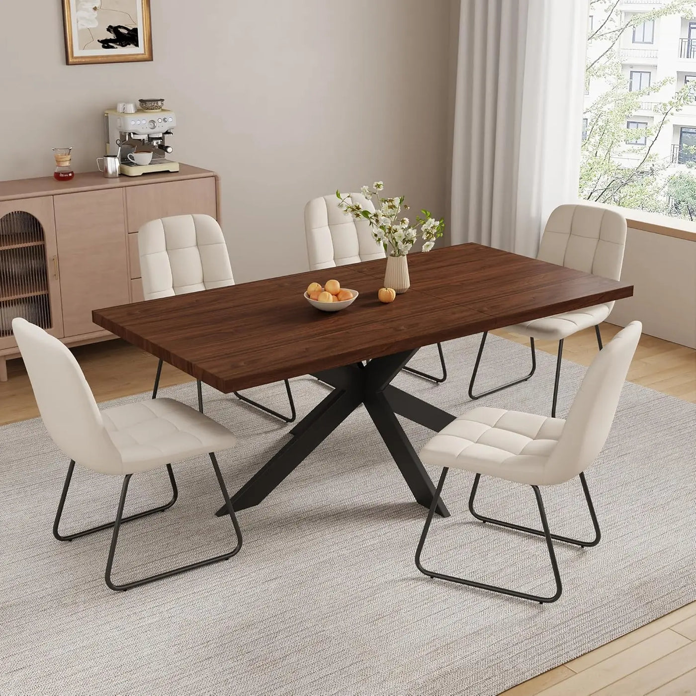 Extendable Grey Wood Dining Table Set - 6 Black Fabric Chairs