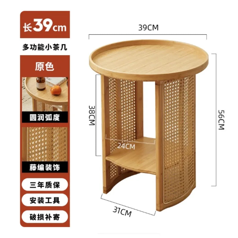 Rattan Bamboo Coffee Table - Two-Tier Tea Table with Storage