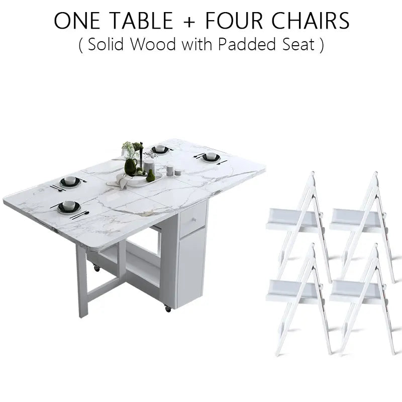 Foldable Dining Table Set - White Multifunction Rectangle Table with Chairs