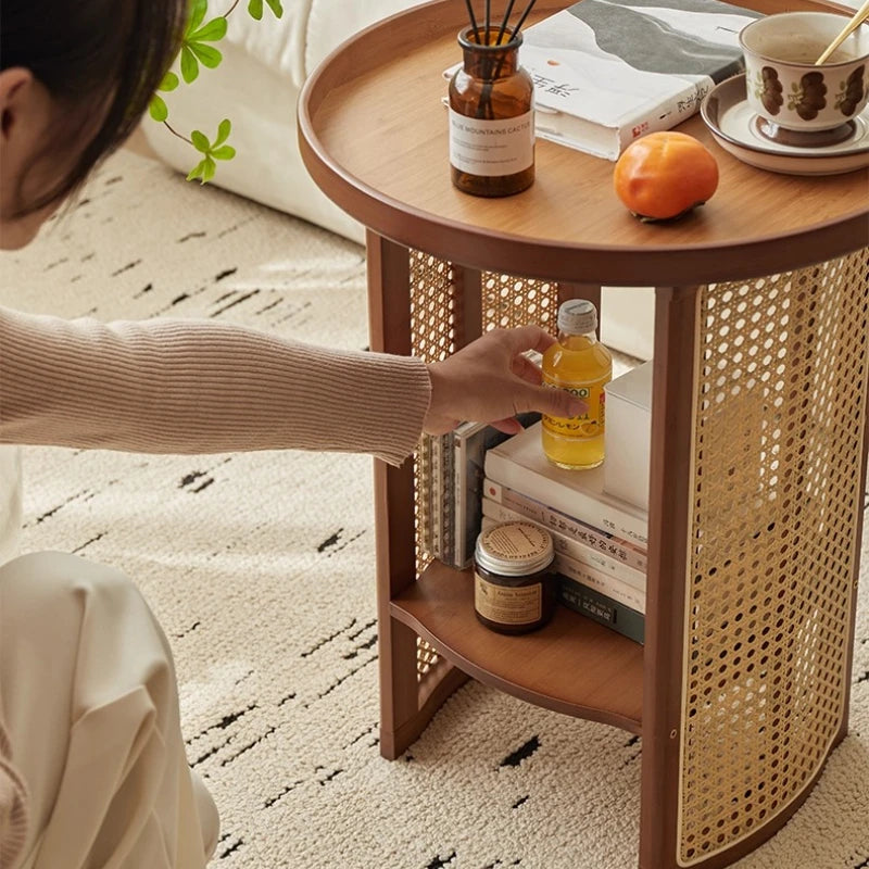 Rattan Bamboo Coffee Table - Two-Tier Tea Table with Storage