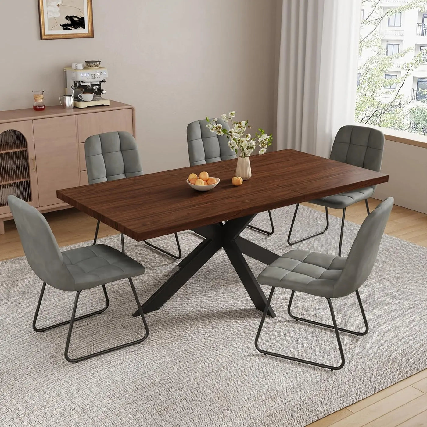 Extendable Grey Wood Dining Table Set - 6 Black Fabric Chairs