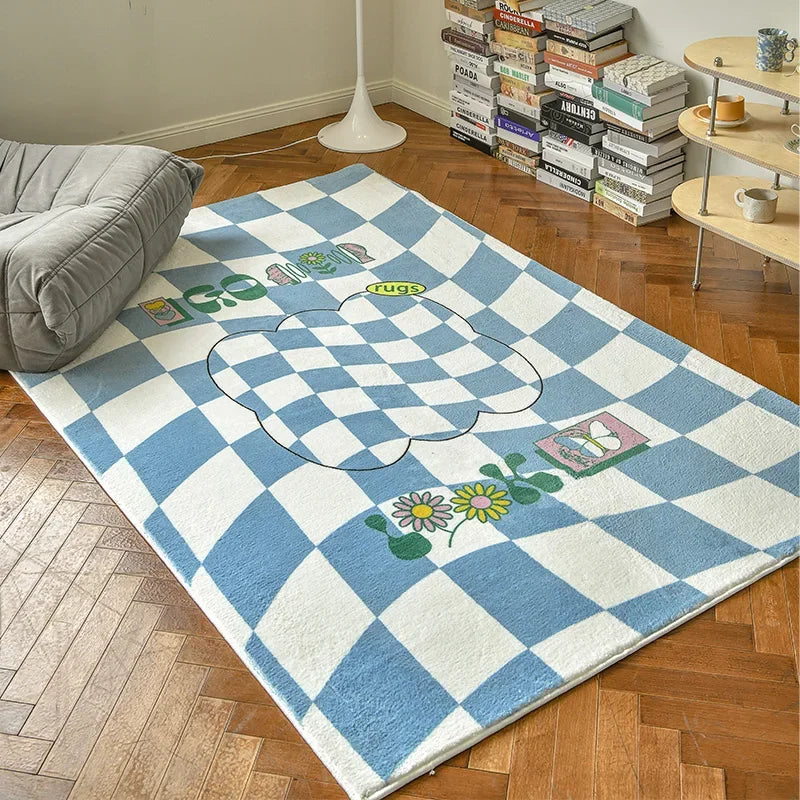 Retro Checkerboard Plush Area Rug - Soft Bedroom and Lounge Carpet