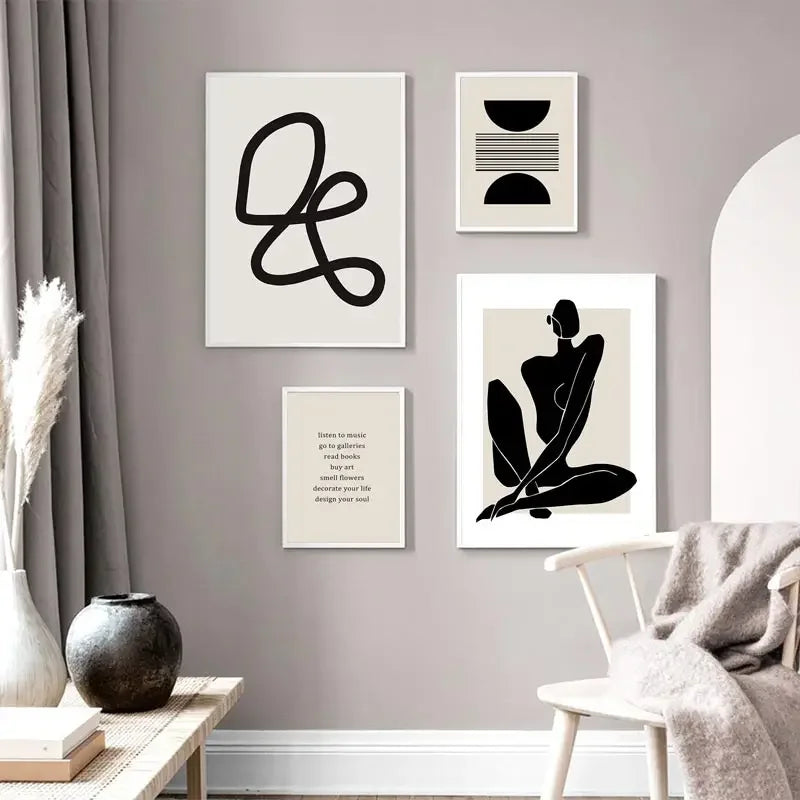 Abstract Boho Geometric Canvas Wall Art - Black and Beige Line Print