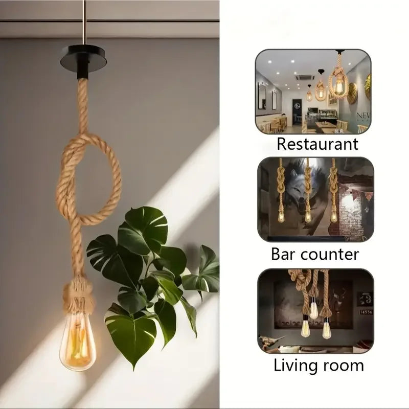 Retro Hemp Rope Pendant Light - Vintage Industrial Hanging Lamp