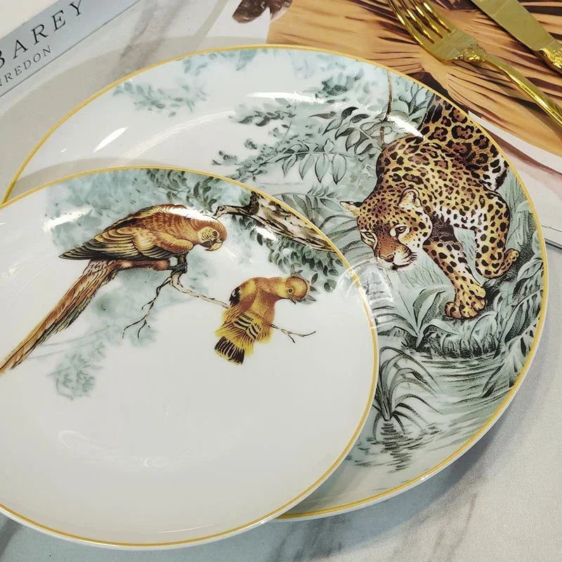 European Jungle Dinnerware Set - Ceramic Steak Plate and Coffee Cup Collection