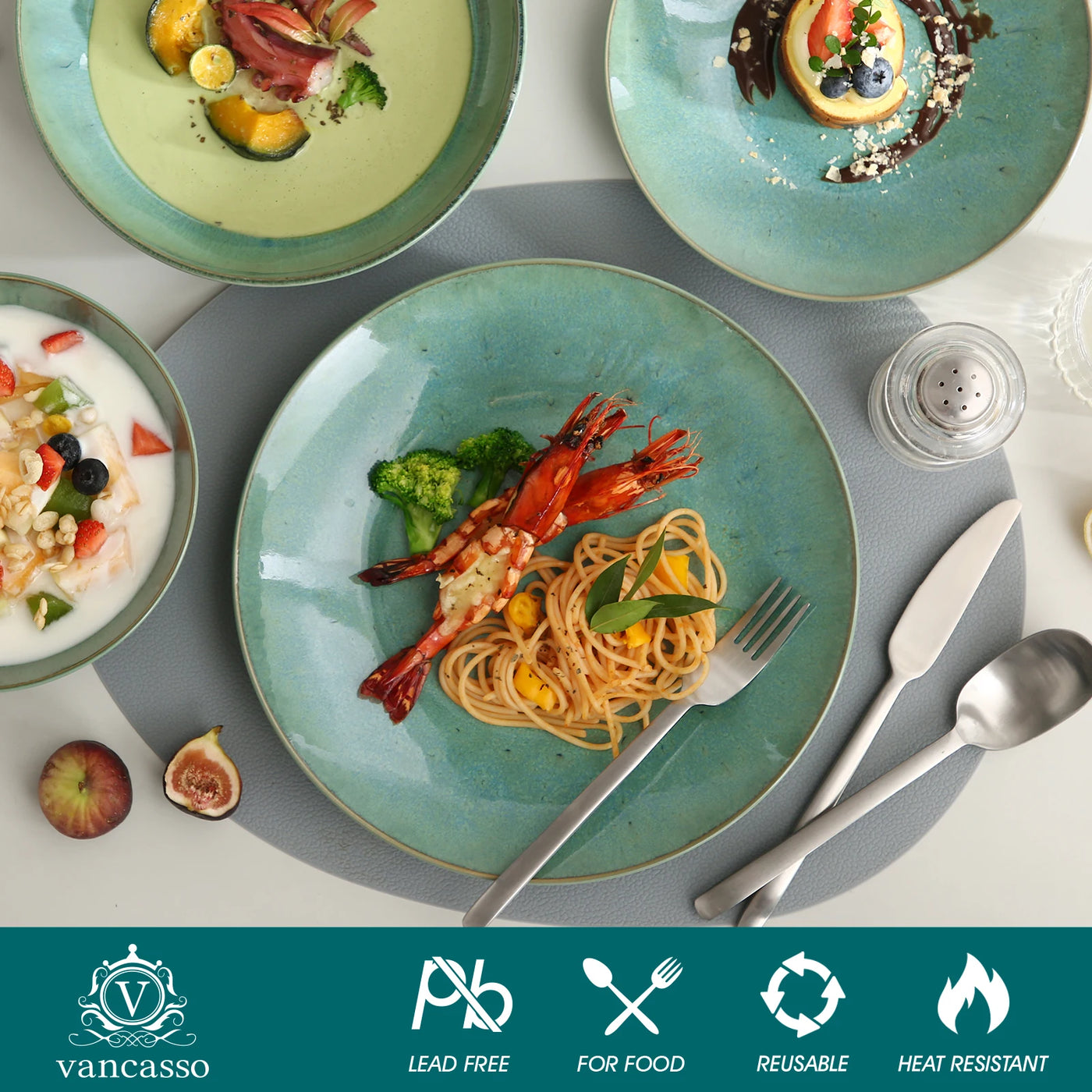 Embossed Stoneware Dinner Set - Green Service for 4, 8 or 12