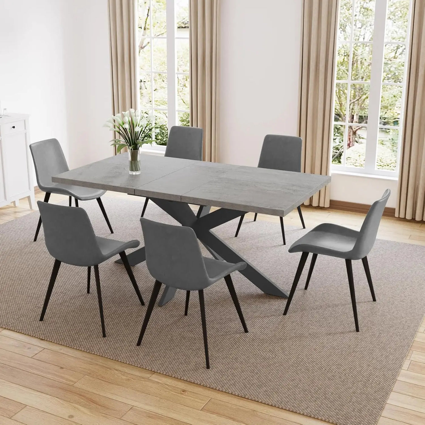 Extendable Grey Wood Dining Table Set - 6 Black Fabric Chairs