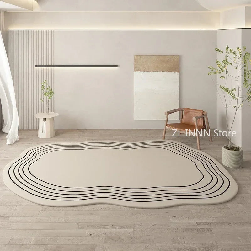 Cream Irregular Oval Area Rug - Soft Plush Bedroom Carpet