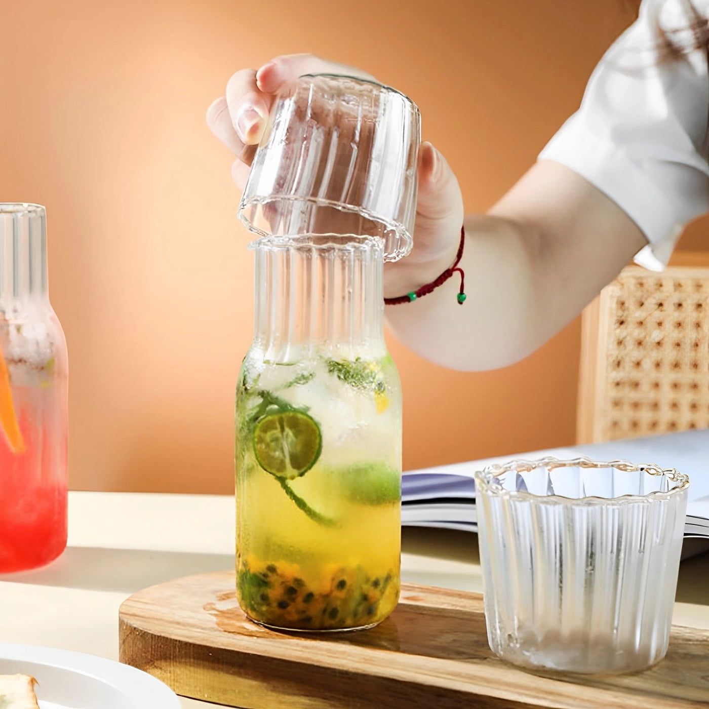 Glass Bedside Water Carafe Set - Elegant Bottle with Drinking Cup