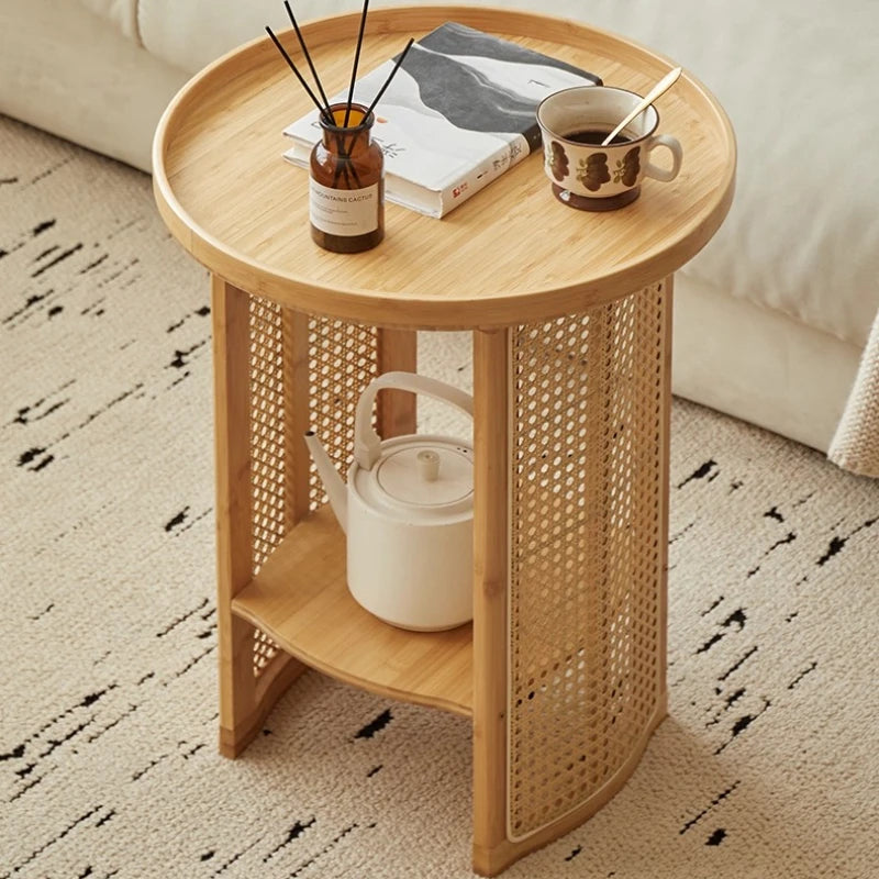 Rattan Bamboo Coffee Table - Two-Tier Tea Table with Storage