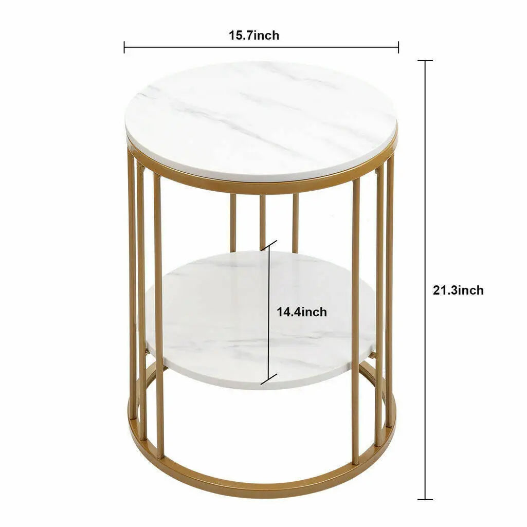 White Marble Side Table - Two-Tier Round Accent Coffee Table