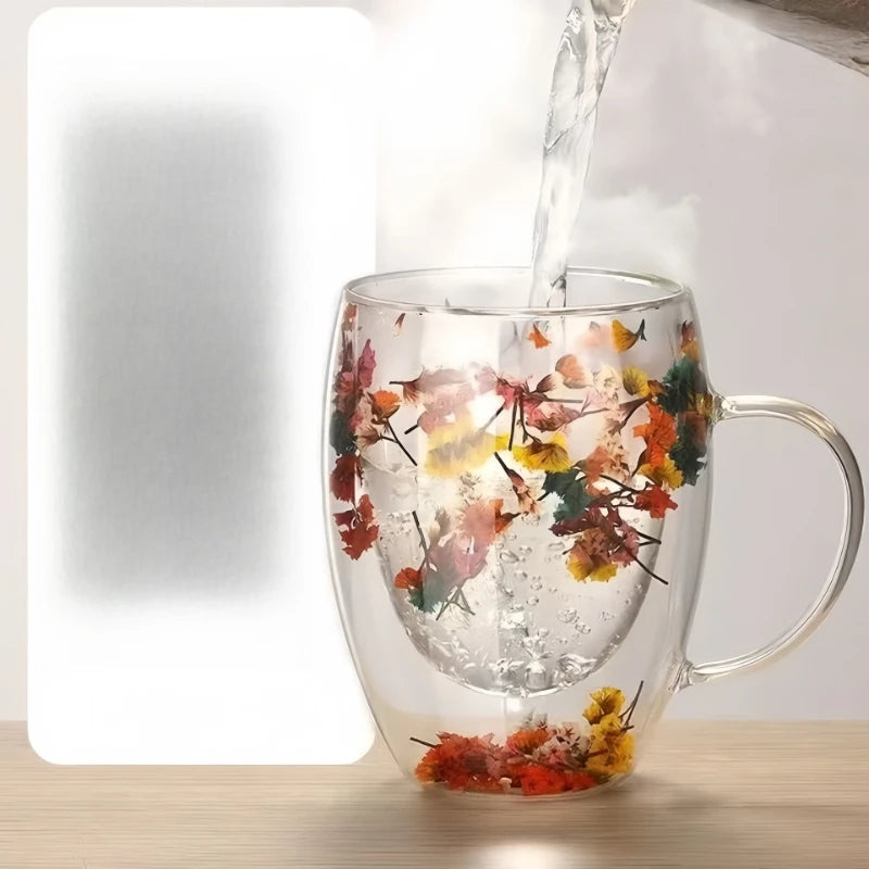 Double-Layer Borosilicate Glass Cup - Floral Petal Coffee Mug