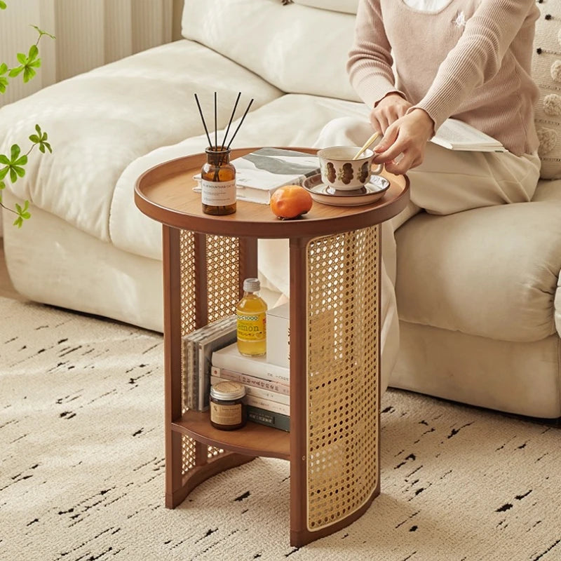 Rattan Bamboo Coffee Table - Two-Tier Tea Table with Storage