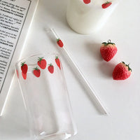 300ml Strawberry Glass Cup with Straw - Heat-Resistant Drinkware