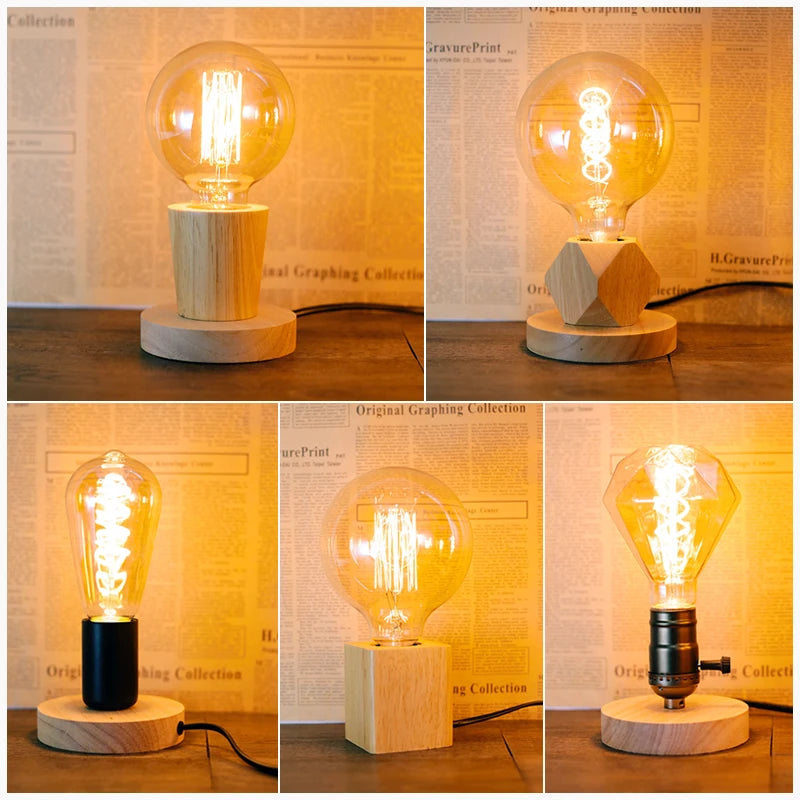 Vintage Wood Base Lamp Holder - E27 Edison Style Desk Light