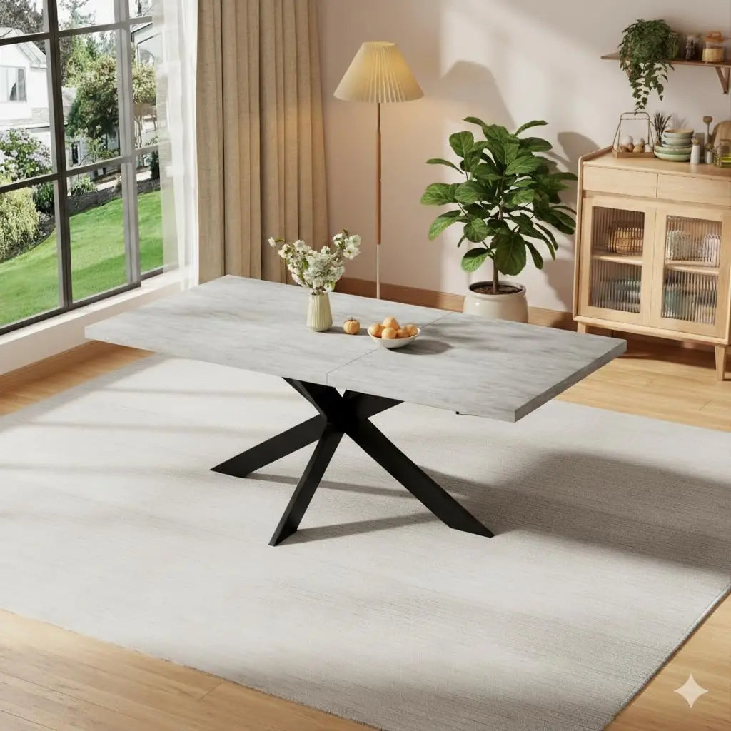 Extendable Grey Wood Dining Table Set - 6 Black Fabric Chairs