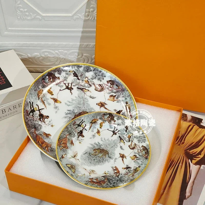 European Jungle Dinnerware Set - Ceramic Steak Plate and Coffee Cup Collection