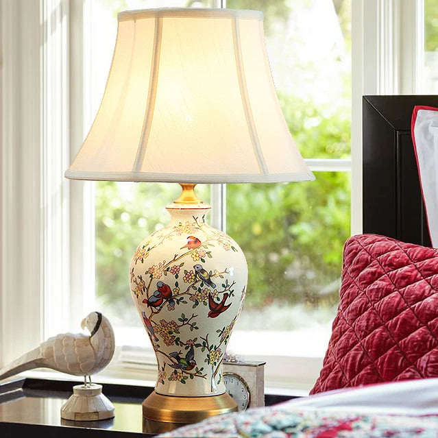 Retro Chinese Ceramic Table Lamp - Pleated Shade Bedside Accent