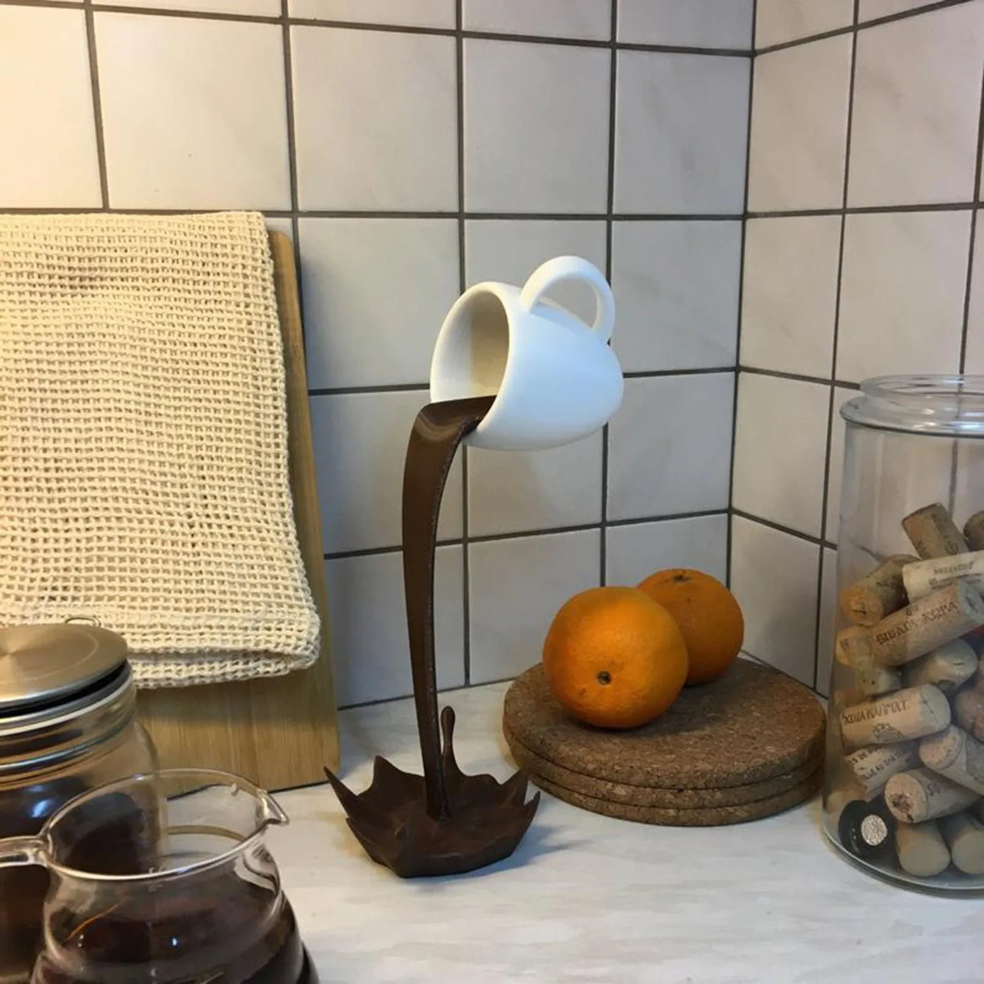 Floating Coffee Cup Sculpture - Whimsical Kitchen Accent Decor