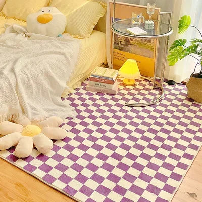 Retro Checkerboard Plush Area Rug - Soft Bedroom and Lounge Carpet