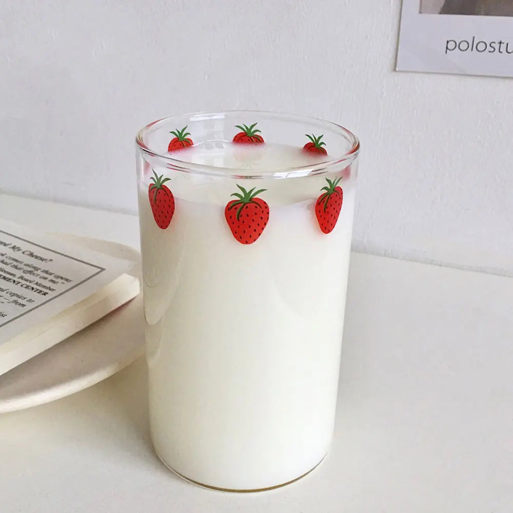 300ml Strawberry Glass Cup with Straw - Heat-Resistant Drinkware