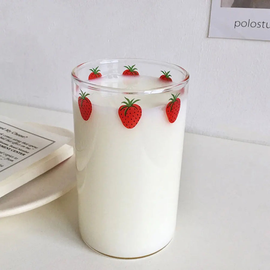 300ml Strawberry Glass Cup with Straw - Heat-Resistant Drinkware