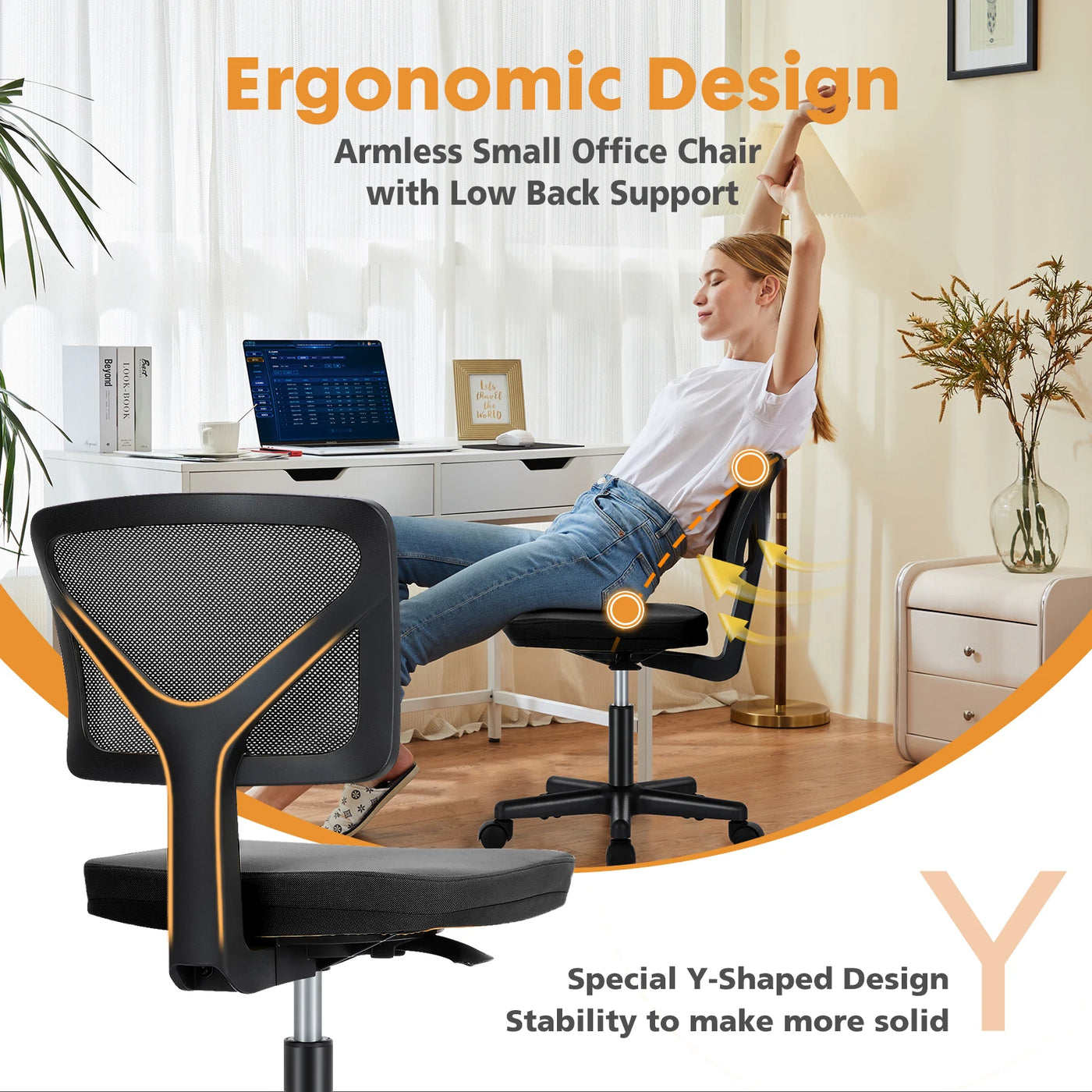 Armless Mesh Office Chair - Low-Back Swivel Seat with Lumbar Support
