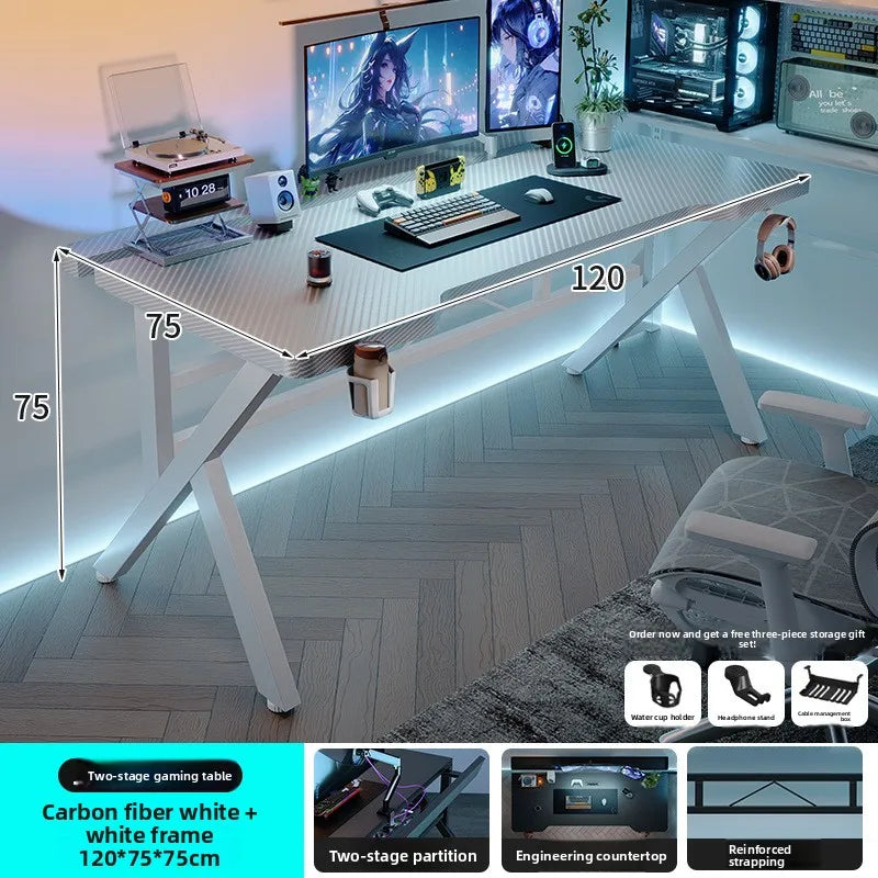 Gaming Desk with Monitor Stand - Carbon Fiber Textured Computer Table