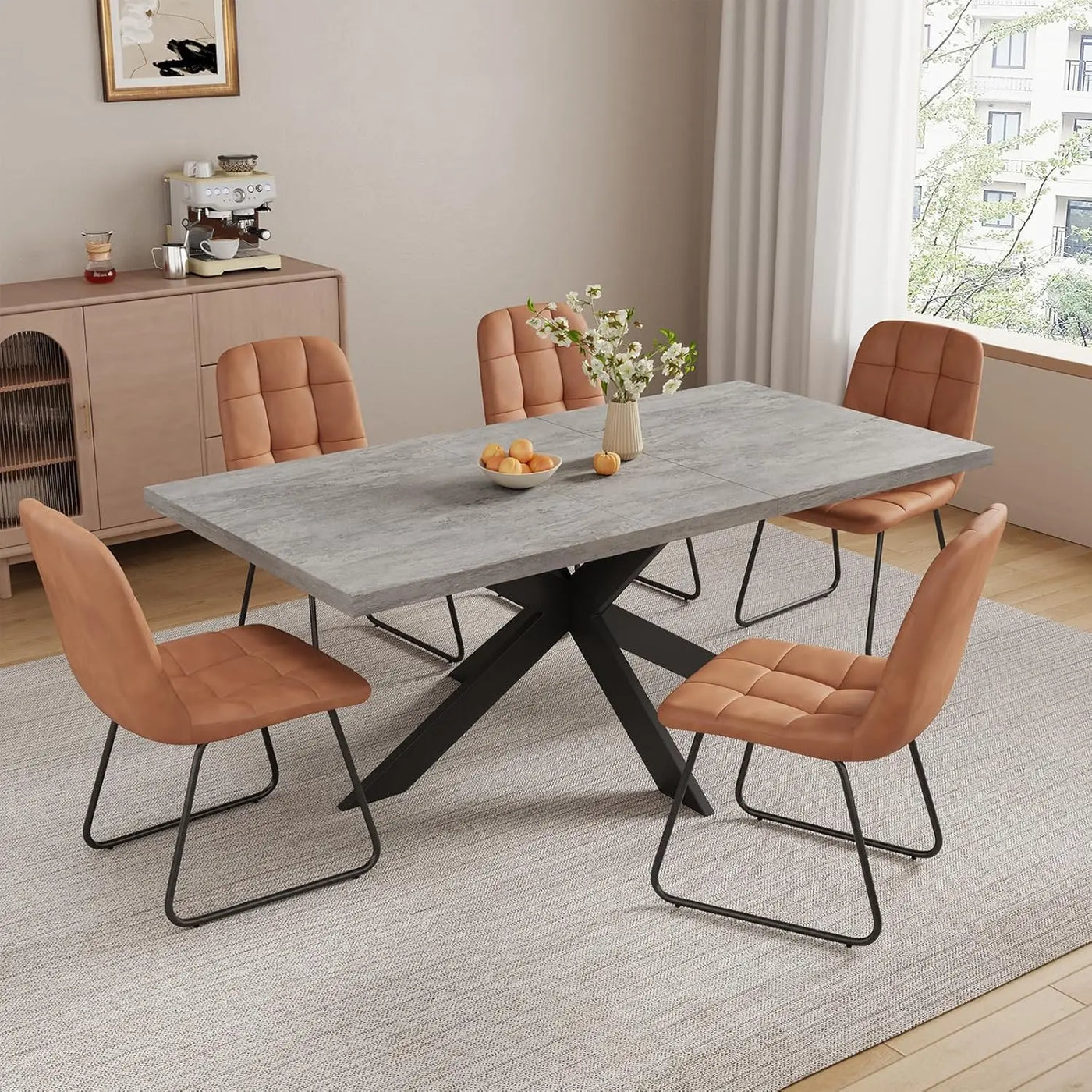 Extendable Grey Wood Dining Table Set - 6 Black Fabric Chairs