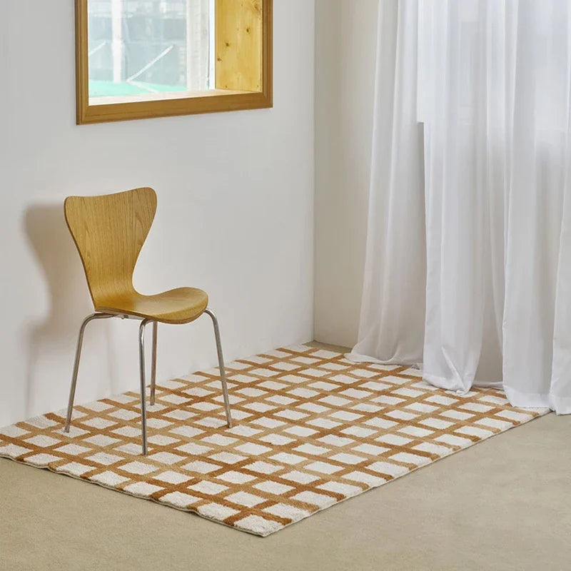 Plaid Plush Area Rug - Soft Minimalist Living Room Carpet