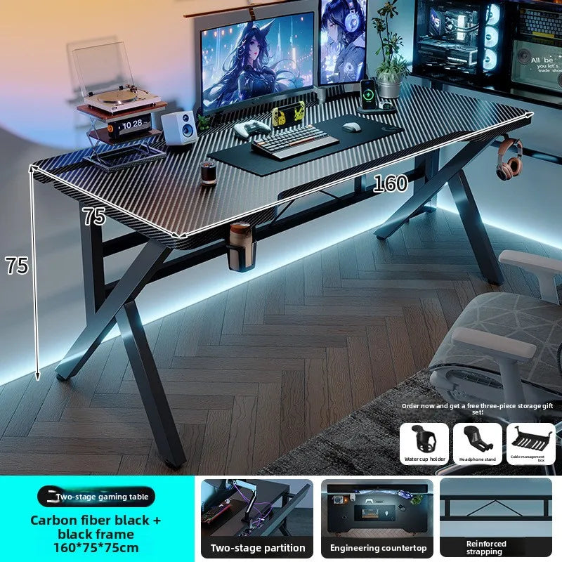 Gaming Desk with Monitor Stand - Carbon Fiber Textured Computer Table