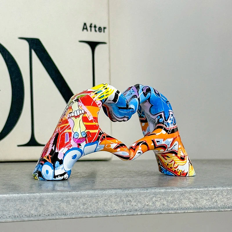 Graffiti Hand Heart Gesture Statue - Modern Resin Love Decor