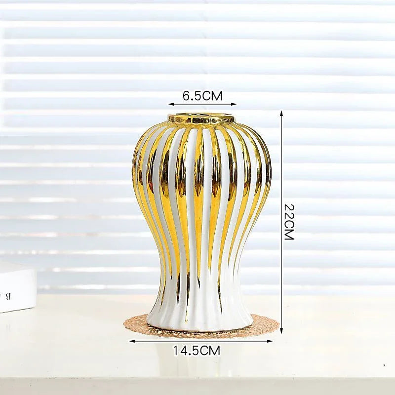 White Ceramic Vase with Gold Edge - Luxe Tabletop Flower Accent