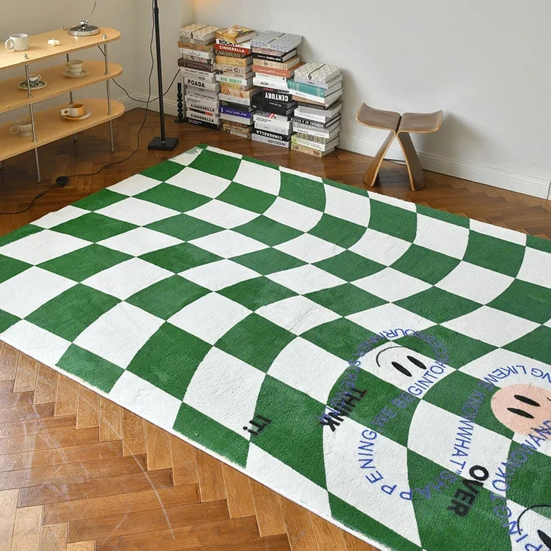 Retro Checkerboard Plush Area Rug - Soft Bedroom and Lounge Carpet