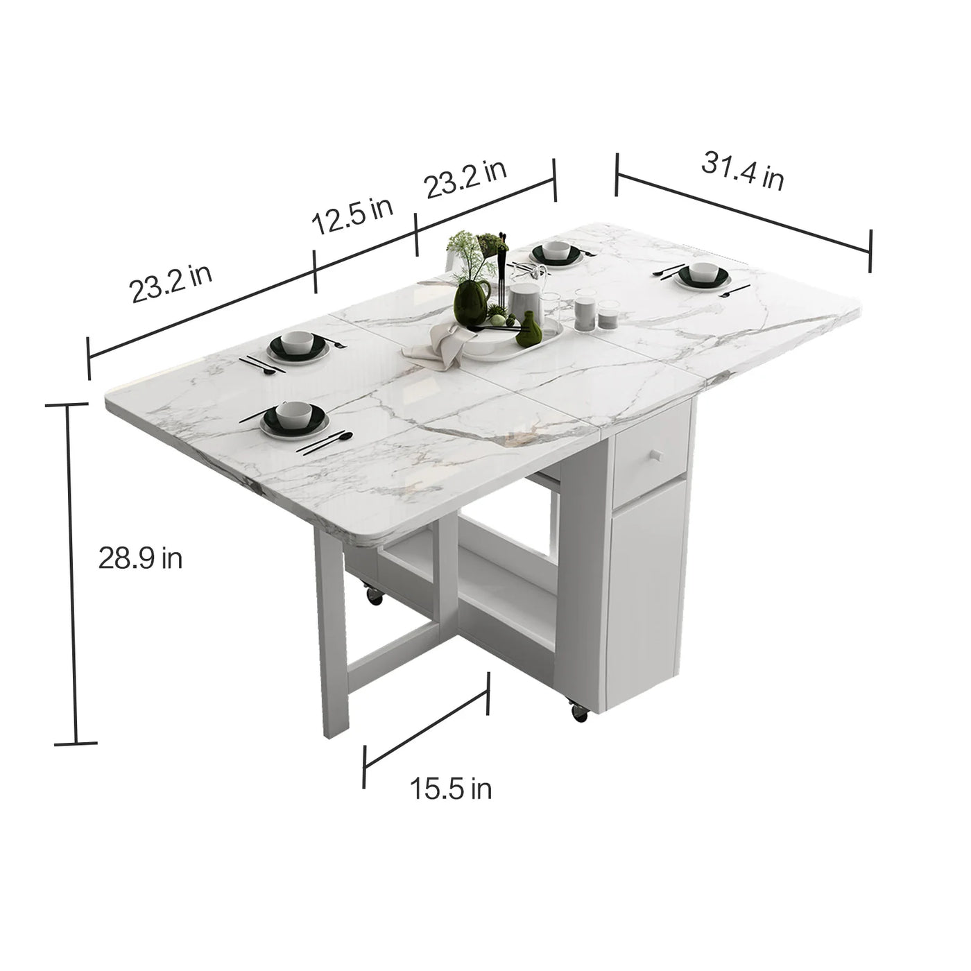 Foldable Dining Table Set - White Multifunction Rectangle Table with Chairs